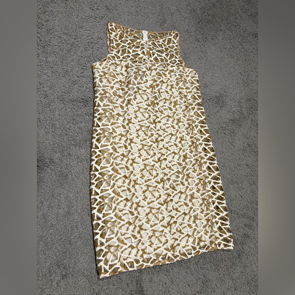 Akris New Sleeveless Silk Open Grid Shift Dress In Gold Cream Size US 10